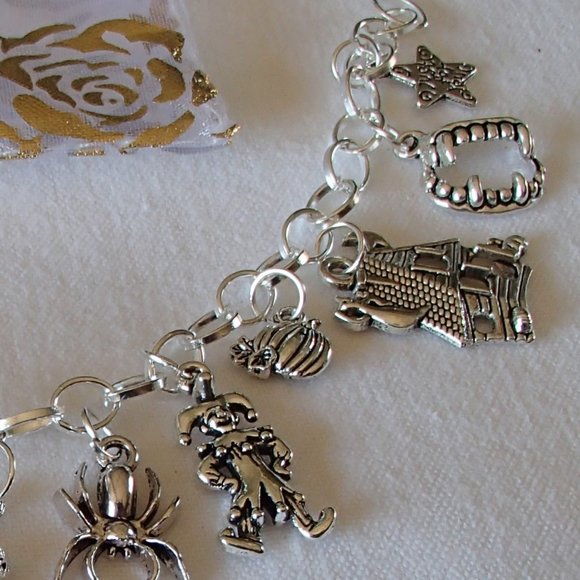 Halloween Theme 13 Charm Bracelet SP New Handcrafted + Organza Roses Gift Bag - Picture 5 of 14